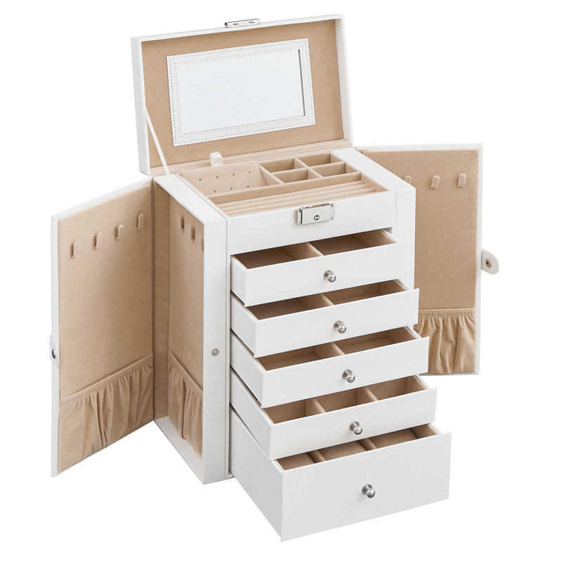 Large Jewellery Box, 6 Tiers, 5 Drawers, Lockable, with Mirror