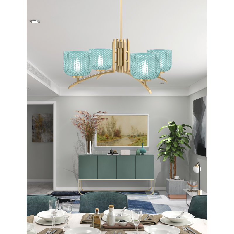 Lustre lumineux avec verre texturé turquoise de 6 po, H 58,25 po x l 27,5 po x P 27,5 po, 4, Laiton New Age