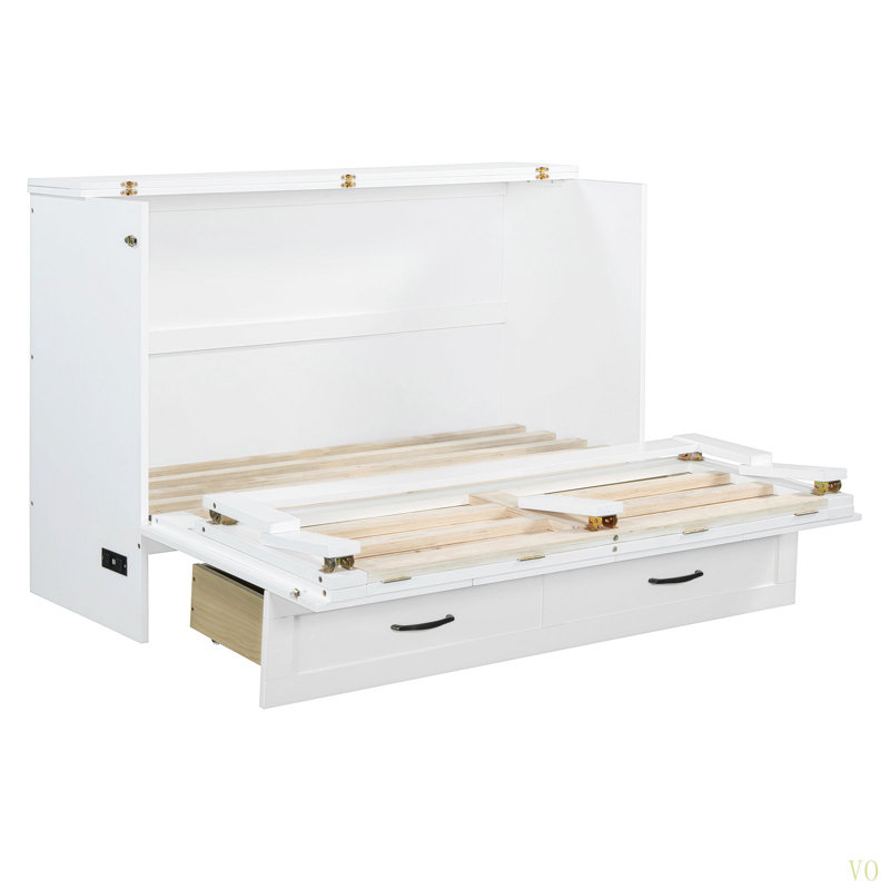 Lit escamotable double avec grands tiroirs, Lit double, Blanc