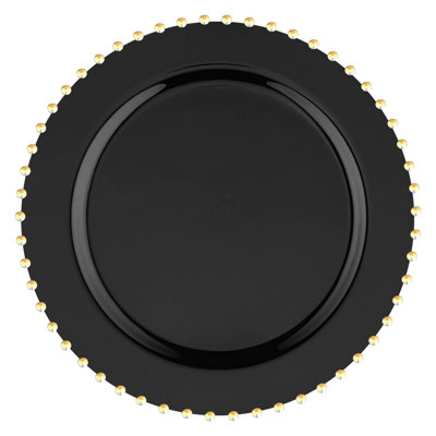 Assiettes plates rondes jetables en plastique noir avec cordon de perles dorées (25 cm) - 120 assiettes