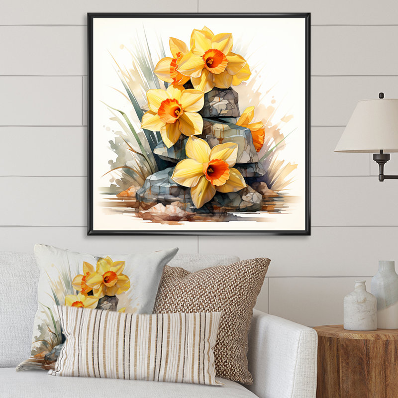 Jaune jonquille Gardn Beauty II - Jonquille, art mural, Cadre flottant noir, H 16 po x l 16 po x P 1 po