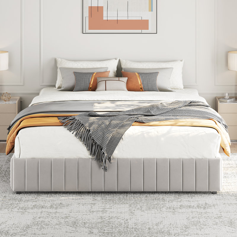 Lit plateforme tapissier avec rangement Argjirulla, Grand, Beige
