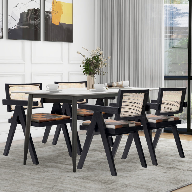 Chaise de salle à manger avec accoudoirs en cuir véritable Andren, Noir, noir, noir, noir