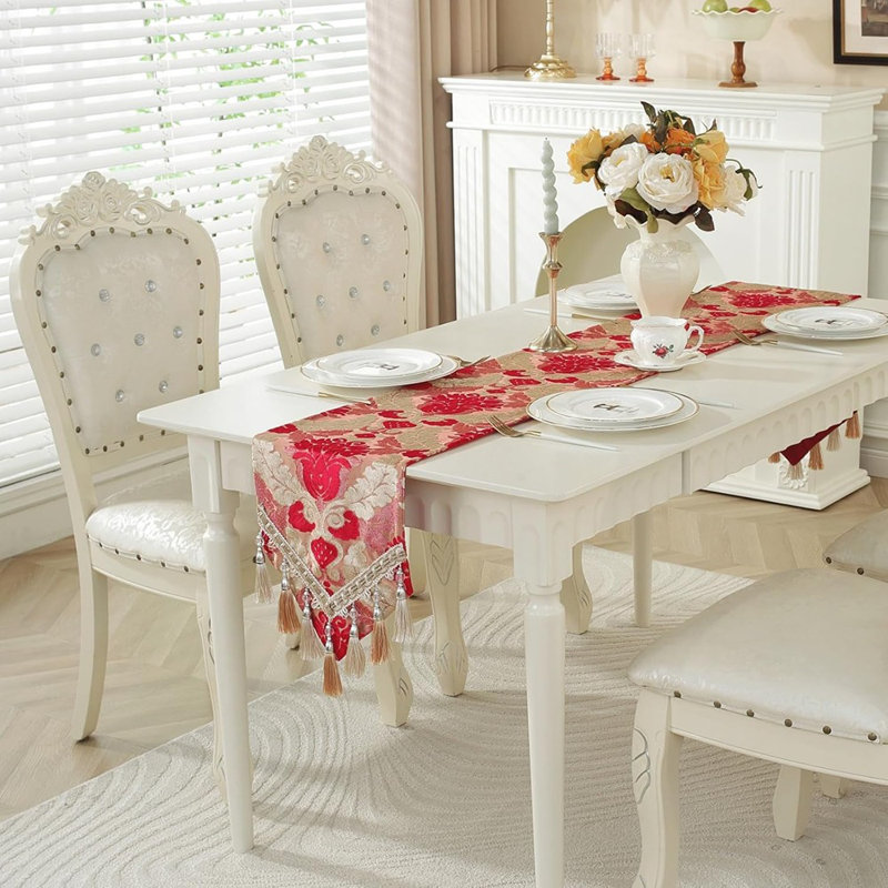 Chemin de table - Chenille rouge, jacquard brodé de luxe, pampilles multiples, décoration de salle à manger / commode / fête
