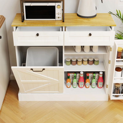Poubelle, armoire de rangement avec 2 tiroirs, 1 armoire basculante et 1 porte avec support de rangement et 2 tablettes pour la cuisine, la salle à manger et le salon - blanc