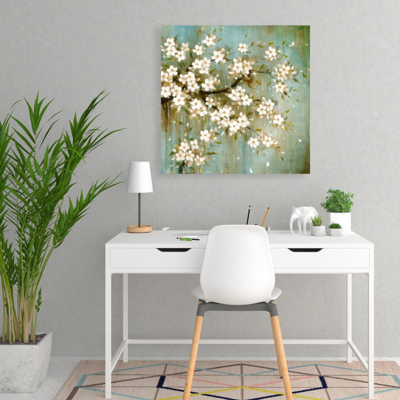 Toile de fleur de cerisier blanc - décor de chambre à coucher floral asiatique, 24" H x 24" W
