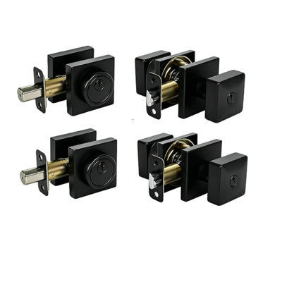 Ensemble de serrures de porte carrées à l'avant, pêne dormant à cylindre simple et bouton avec serrure, serrures à clé identiques pour porte d'entrée (noir mat, ensemble de 2)