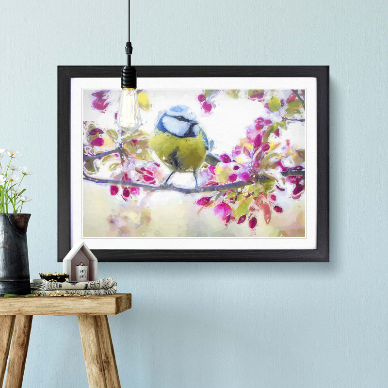 Blue Tit Bird in Spring in Abstract - Picture Frame Painting Print, Black Framed, 48cm H x 65cm W x 2cm D