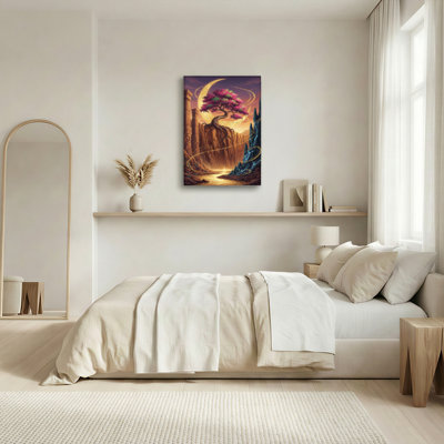 Fantasy Tree With Crescent Moon And Ancient Ruins Canvas Wrapped Wall Art Oil Painting Print Set Of 1