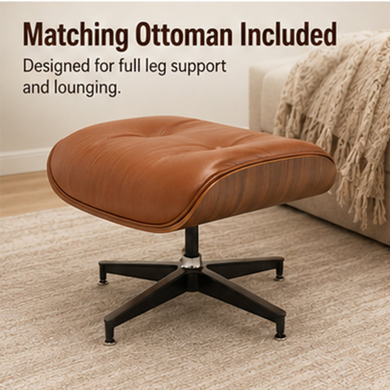 Chaise longue et repose-pieds en cuir véritable style Mid-Century italien, Brun, Noyer