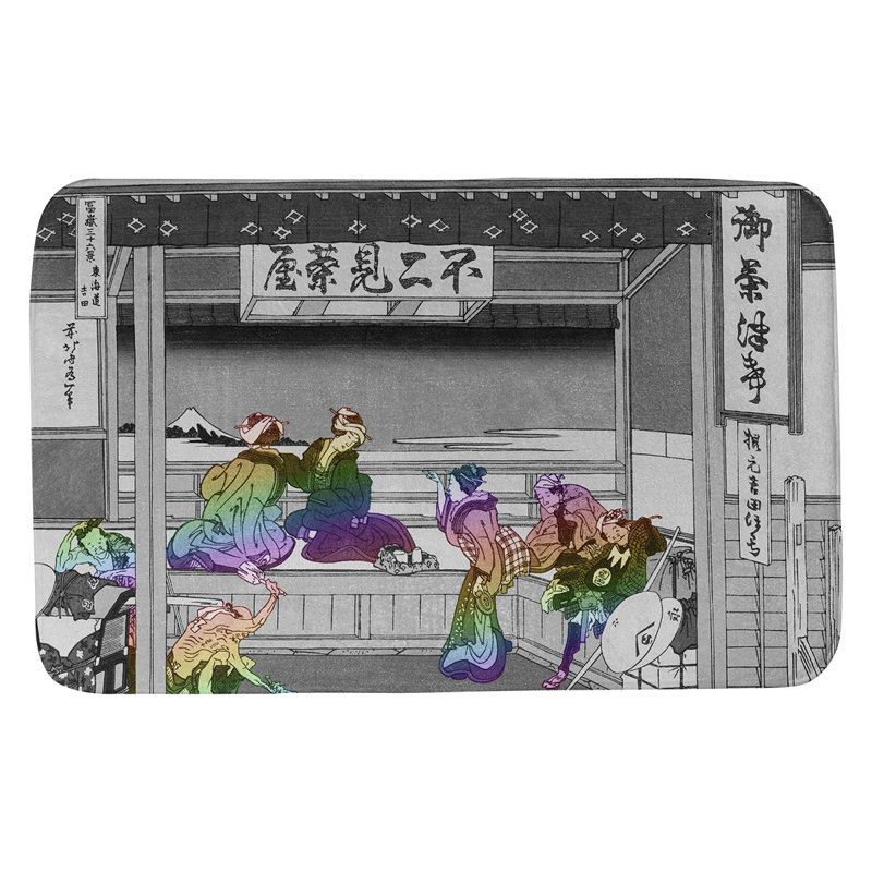 Tapis pour salle de bain antidérapant Clair Yoshida at Tokaido, l 21 po x L 34 po, Bleu / Rose