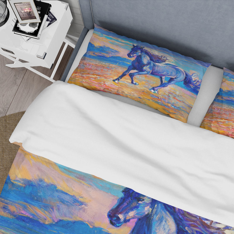 Cheval bleu qui galope au-dessus de la prairie - Ensemble de housse de couette Farmhouse - Microfibre de polyester