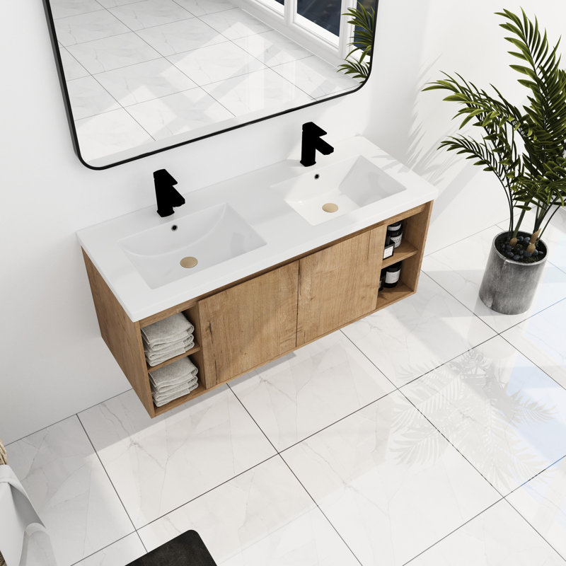 Meuble-lavabo de salle de bain avec double lavabo, fixation murale, porte - option moderne