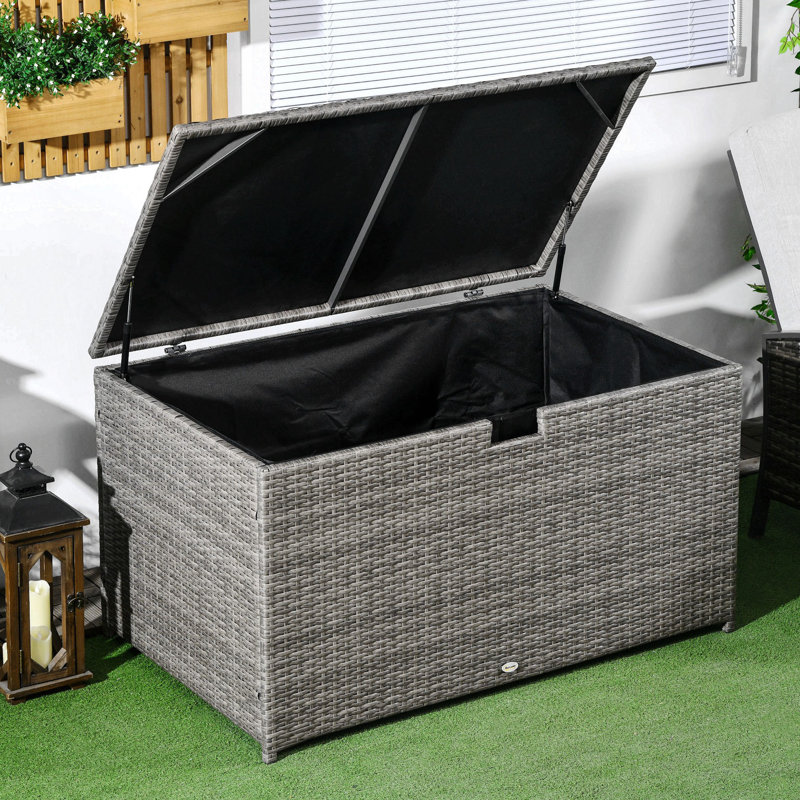 113 Gallon Deck Box, Rattan Outdoor Storage Box, Waterproof Storage Container For Indoor, Patio Furniture Cushions, Pool Toys, Garden Tools, Gray