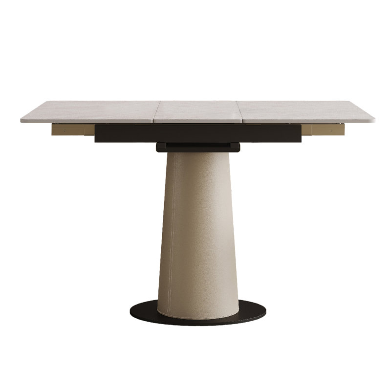Table d'appoint gain de place à double usage en pierre reconstituée avec base extensible en acier inoxydable gainée de cuir, carrée et extensible pour les petites cuisines, en pierre frittée blanche, profondeur 122 cm, largeur 80 cm.