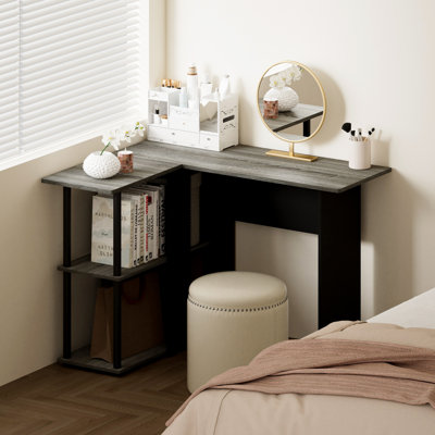 Table de bureau d'ordinateur en L pour rangement de bureau et de salon peu encombrant, chêne français gris / noir