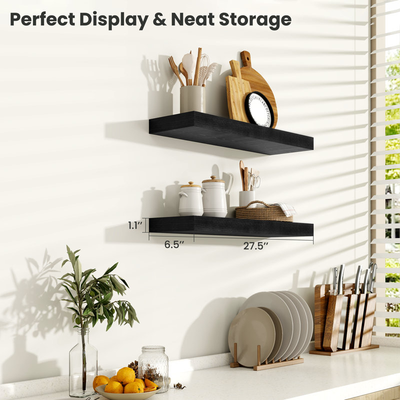 2-Piece Modern Floating Wall Shelves Decorative Storage Shelving for Home Wall Display, Black