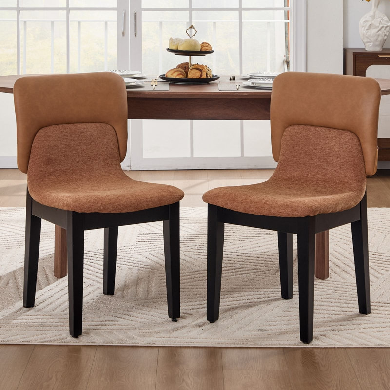 Modern Patchwork Upholstered Armless Dining Side Chairs, Contemporary PU Leather & Chenille Accent Chairs with Solid Wood Legs, Ergonomic Dining Chair for Kitchen Living Room