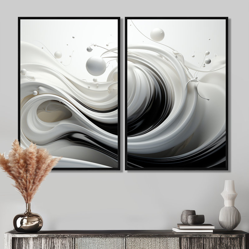 Liquide, tourbillons de noir et blanc I - impressions sur toile modernes, H 36 po x l 48 po, Impression encadrée flottante
