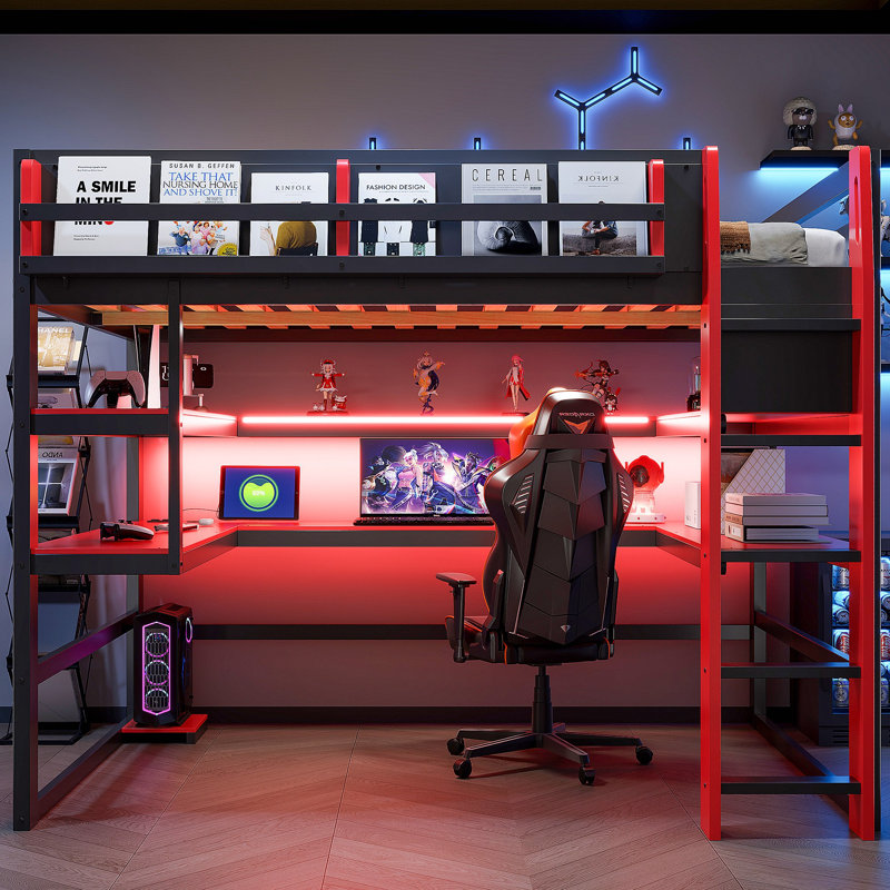 Lit mezzanine en bois avec bureau, support de rangement latéral, tablettes multiples et lumière RVB, Rouge, Lit double
