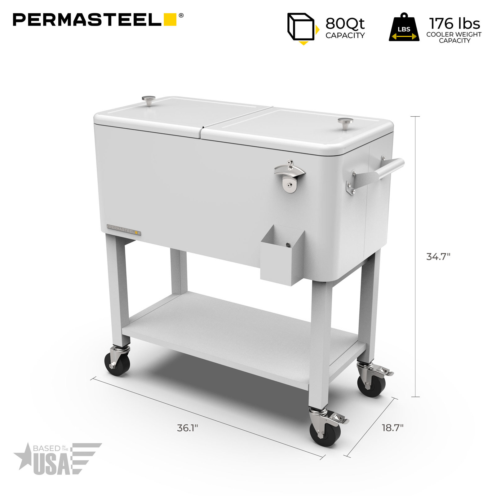 Permasteel Cooler with Removable Basin, White, With Divider