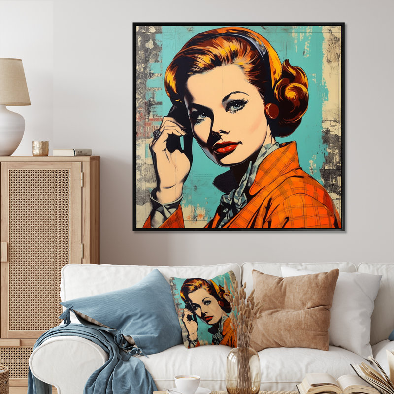 Portrait de femme pop des années 1950 I, H 36 po x l 36 po x P 1,5 po, Cadre flottant noir