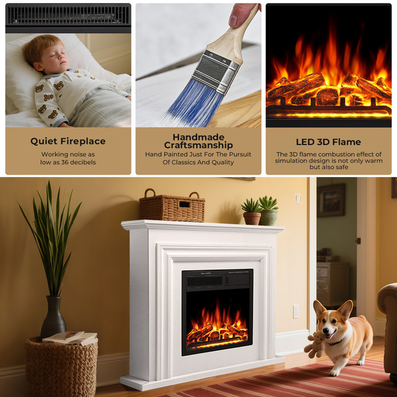  35.35" Electric Fireplace With Mantel, Freestanding Fireplace Heater With 2 Heat Modes, 7 Flame Brightness, Remote Control, Overheat Protection, Low Noise, For Indoor Home/Bedroom/Living Room