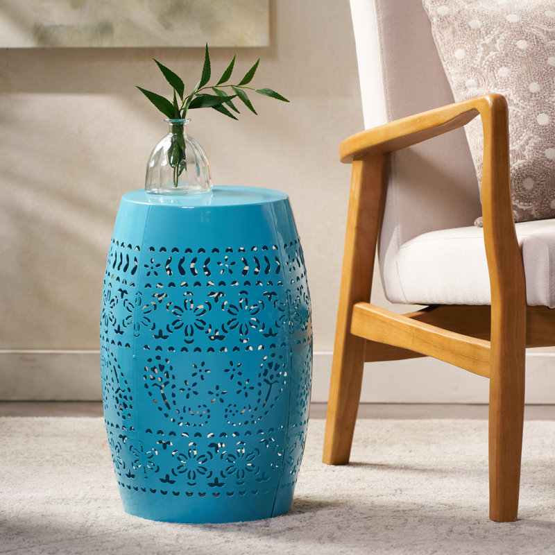  Modern Lace Cut Metal Side Table, Barrel Shape Outdoor Accent Table for Patio and Garden, Blue, Blue