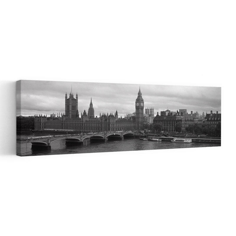 Bridge Across A River Westminster Bridge Big Ben Houses Of Parliament City Of Westminster London England by Jerry Driendl Photography - Wrapped Canvas Panoramic Print