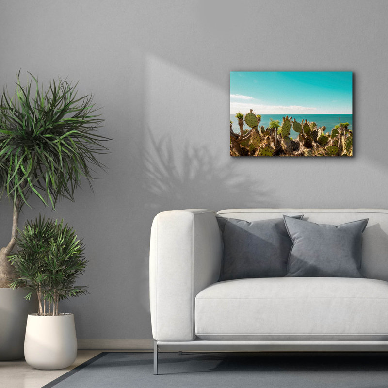 Toile épique «Cactus admirant l'océan» par Elena Chukhlebova, 26 po x 18 po, H 18 po x l 26 po