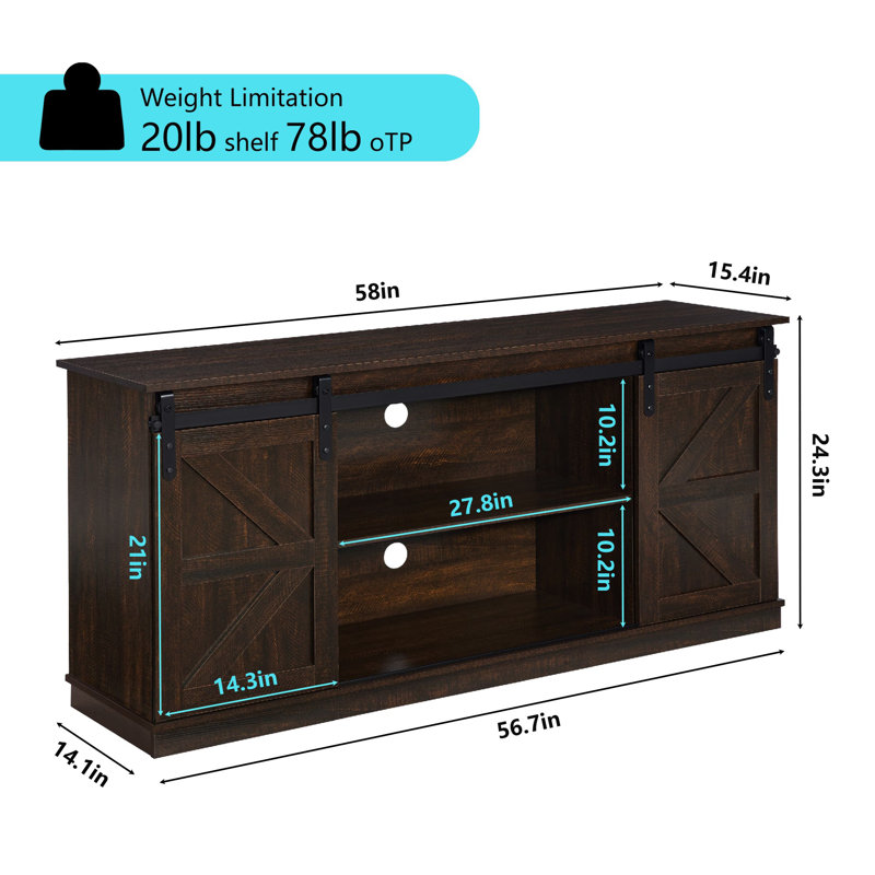 58 inch farmhouse TV stand, suitable for 65 inch TVs, entertainment center with sliding barn doors and adjustable shelves, console table with storage space