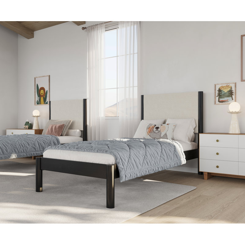 Structure de lit en bois massif Ardin avec tête de lit tapissier crème, Lit simple, Noir