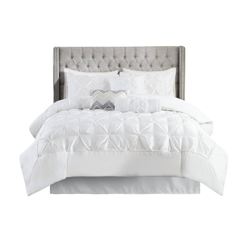Édredon 7 pièces très grand - avec édredon, 2 taies décoratives, 3 coussins décoratifs et jupe de lit, Blanc