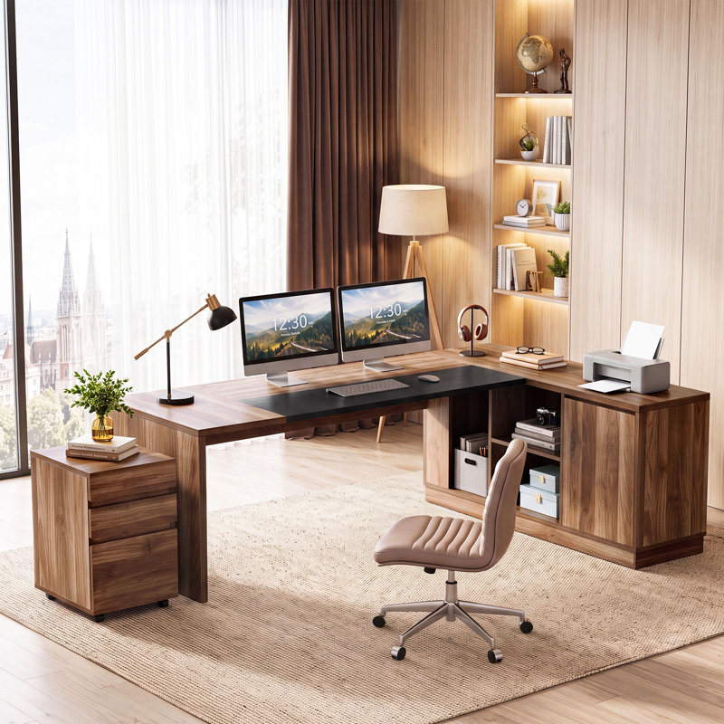 Bureau de direction en L 78,74 po avec classeur mobile 3 tiroirs, grand bureau avec armoire de rangement, tablettes et support pour unité centrale