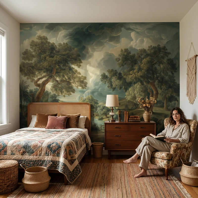 Landscape Wallpaper Trees Vintage Removable Wall Decor, 200"x120", Peel and Stick