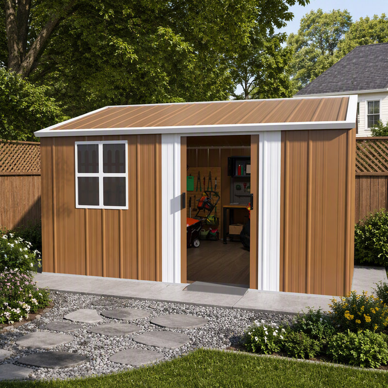 Remise de rangement en métal robuste de 12 x 10 pi avec fenêtres, porte verrouillable et ventilation pour une organisation extérieure résistante aux intempéries