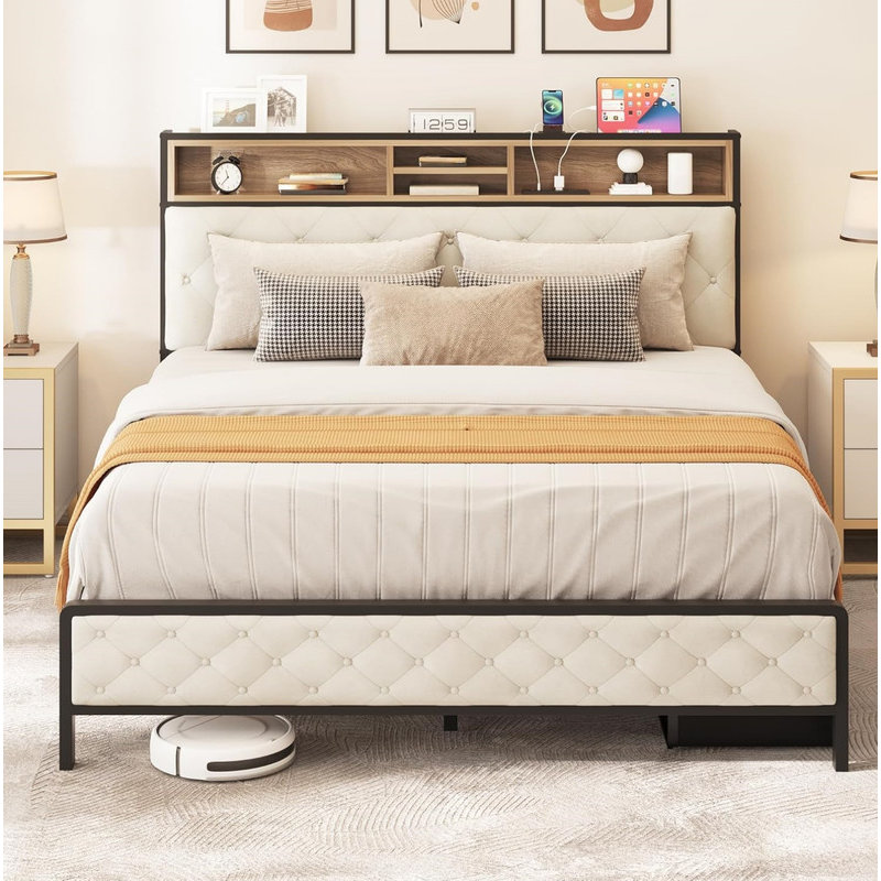 Queen Size Bed Frame, Platform Bed Frame with Charging Station, Upholstered Storage Headboard & Footboard Metal Slats Supports Mattress Foundation, No Box Spring Needed, Beige(No Drawers)