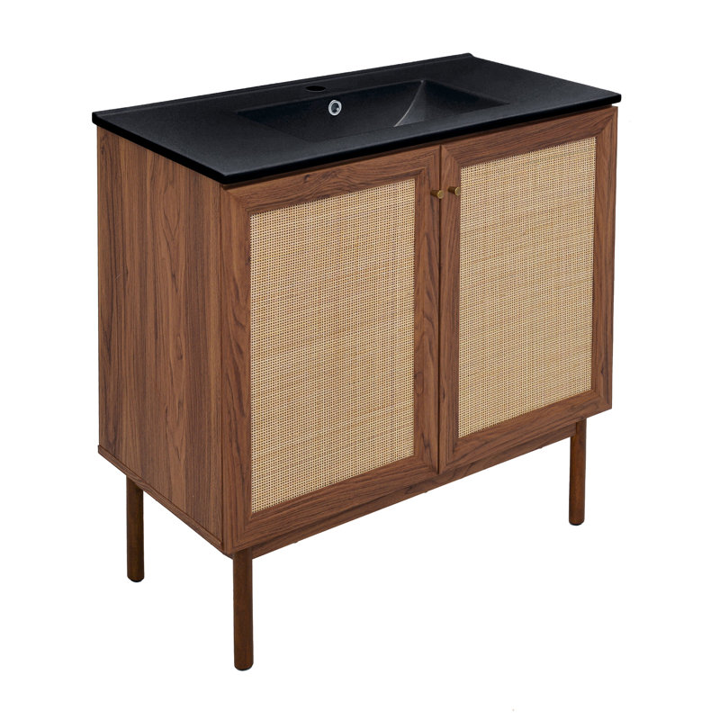 Meuble-lavabo autoportant de 36 po en chêne brun avec plateau noir Class, Chêne brun, Single-Hole, Black