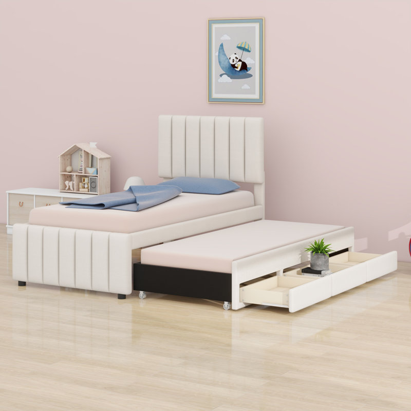 Lit plateforme tapissier avec lit gigogne et tiroirs, Beige, Lit simple
