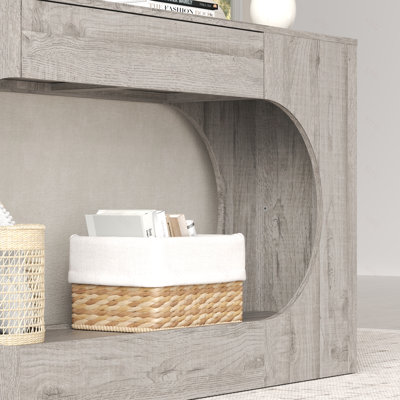 Console moderne en grain de bois gris, table d'entrée en panneau de particules avec tiroir de rangement, canapé d'appoint creux et ovale à découpes pour le couloir, le salon, la décoration