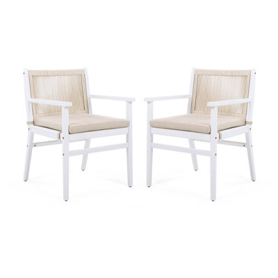 Outdoor Dining Chairs Set of 2 – Patio Armchairs with Rope Backrest and Waterproof Cushions