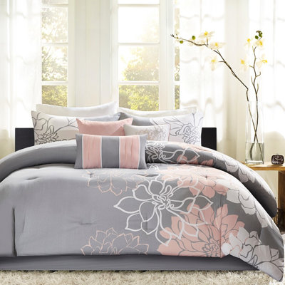 Édredon pour très grand lit - Coton / pêche avec détails texturés et coussins décoratifs avec jupe de lit