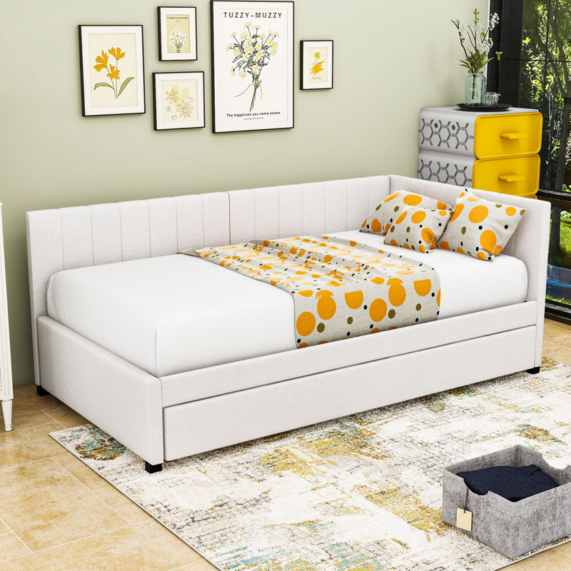Linen Upholstered Daybed with Trundle, Twin, Beige