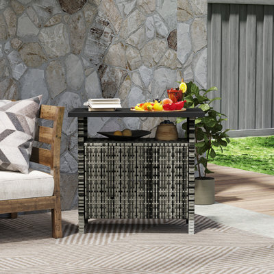 Outsunny Wicker Outdoor Storage Cabinet, Rattan Outdoor Bar Table with 2 Doors and Shelf, Outdoor Buffet Cabinet Sideboard with Metal Slatted Countert