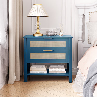 Table de chevet étroite en rotin avec 2 tiroirs et tablette de rangement Boho
