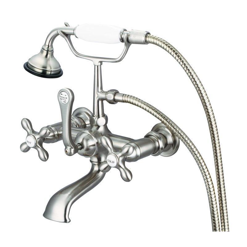Stonington 2 Handle Wall Clawfoot Tub Faucet with Diverter, Brushed Nickel, Cross Handles