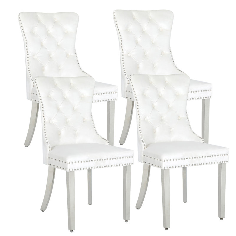Chaises de salle à manger rembourrées avec dossier capitonné avec pieds en acier inoxydable, 4, Blanc, Argent argent