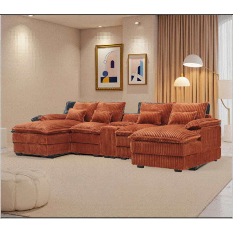Cinq pièces en forme de U avec une console centrale et des ports USB, quatre oreillers inclus, convenant aux salons spacieux et aux salles de réunion.