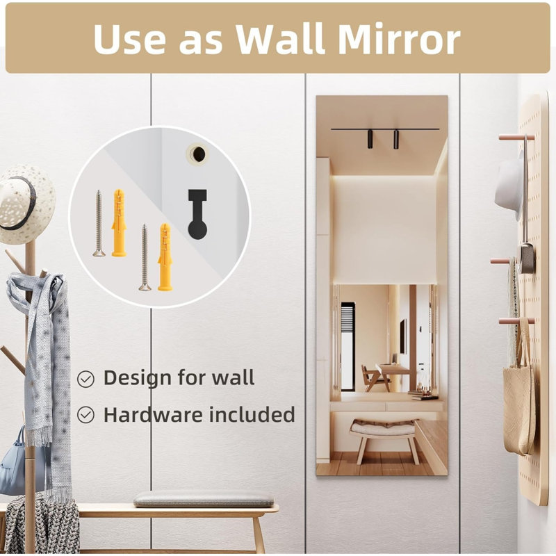 47" X 15.8" Full Length Over The Door Mirror, Square Aluminum Frame Full Body Hanging Wall Mounted Mirror For Bedroom, Living Room, Or Cloakroom, White