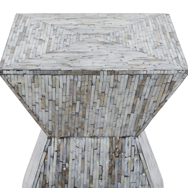 Bernardino Mother of Pearl Shell Handmade Hourglass Shaped Side End Accent Table, Tan/Gray